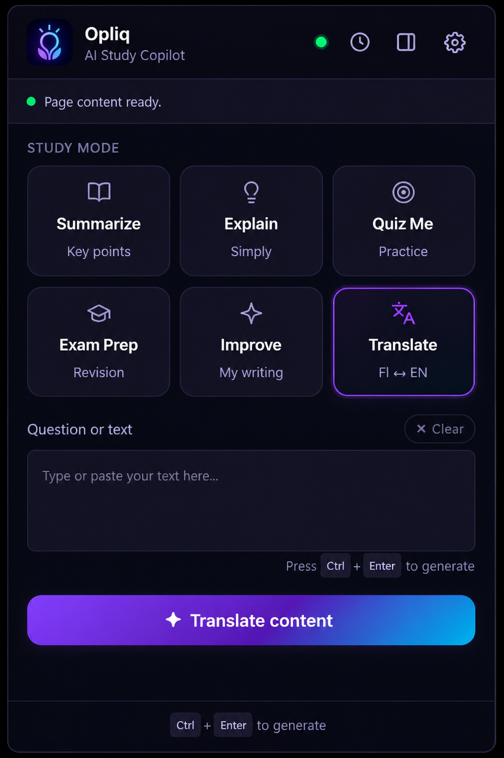 Opliq extension interface showing Study Mode with Summarize, Explain, Quiz Me, Exam Prep, Improve, and Translate features