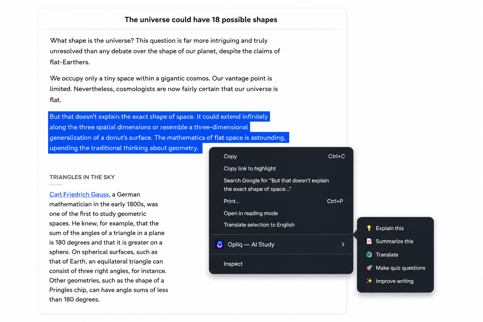Opliq right-click context menu with Explain, Summarize, Translate, Quiz, and Improve options