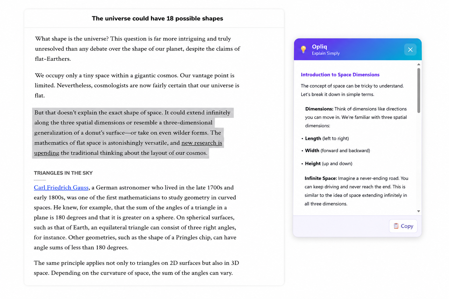 Opliq side panel explaining complex text in simple terms